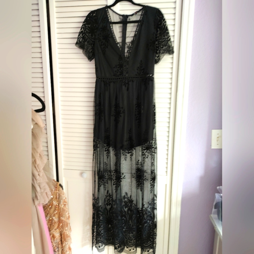 Elegant Black Lace Sheer High Slit Maxi Dress
